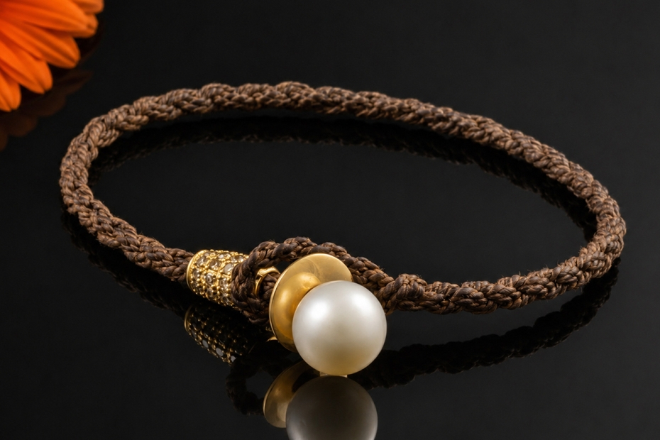 Gellner Stoff Armband mit Südseezuchtperle und Diamanten an Gelbgold 750 