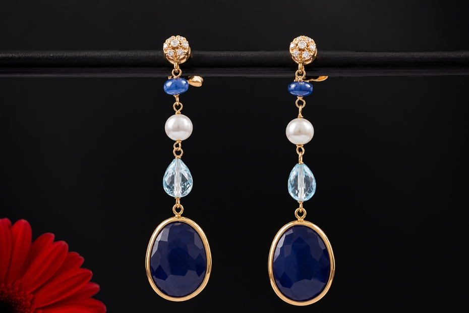 Lange Zoccai Ohrringe Ohrhänger Blau Aquamarin Perle Diamant in Roségold 