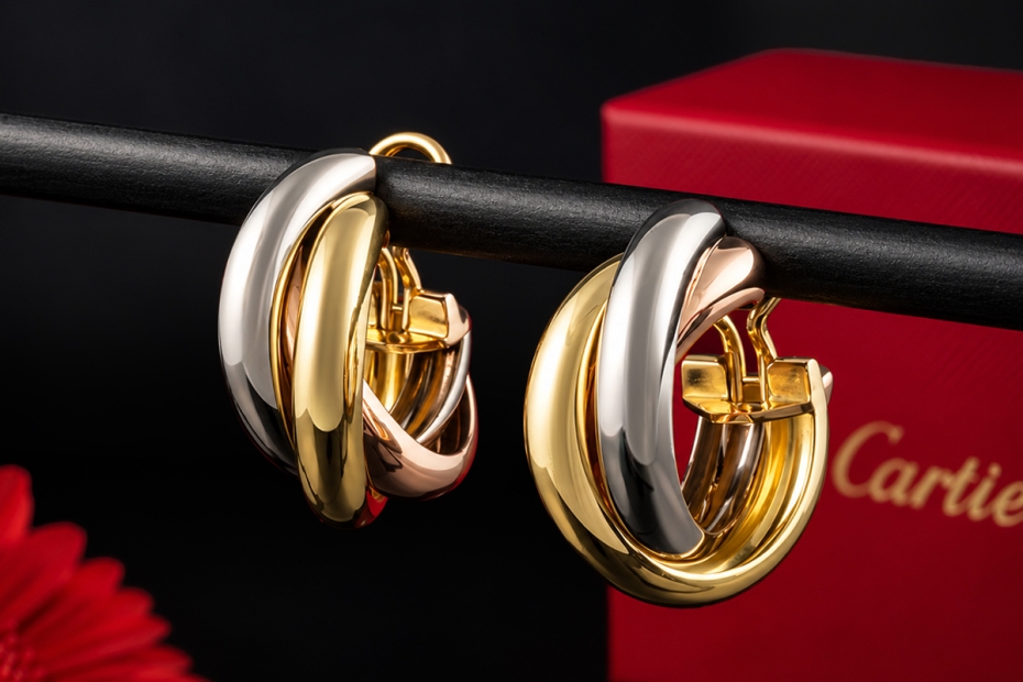 Trinity de Cartier Creolen Ohrringe Große Ausführung 750er Gold Full Set 