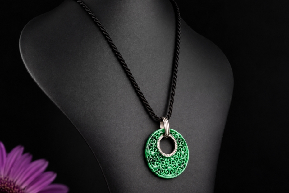 Hollfelder Collier Geschnitztes Jade Ornament mit Diamanten Weißgold 750 