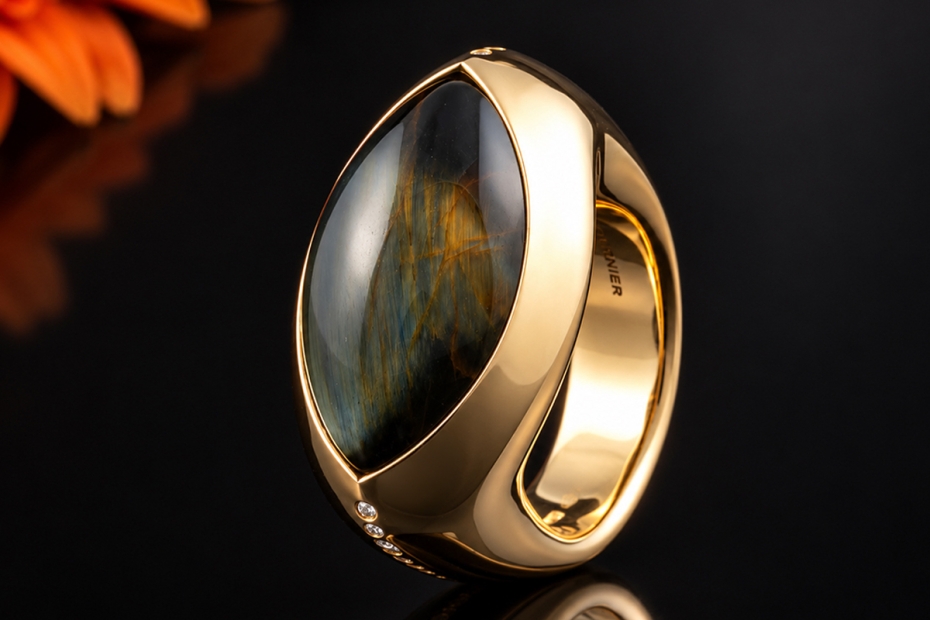 Vhernier Ring mit Falkenauge & Diamanten Massive Arbeit in Roségold 750 