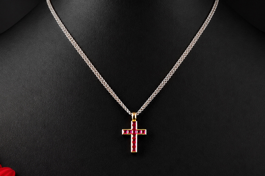 Hans Dieter Krieger Wende-Kreuz Collier Rubine & Diamanten in 750er Gold 
