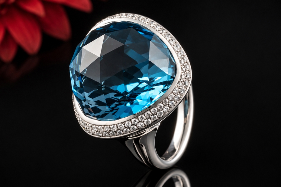 Hollfelder Exklusiver Blautopas Ring mit 104 Brillanten in Weißgold 750 