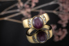 Elegant zulaufender Sternrubin Ring mit Brillanten matt in Gelbgold 750 