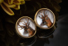 Bergkristall Manschetteknöpfe Jagdschmuck Jagd Motive Malerei in Gold 