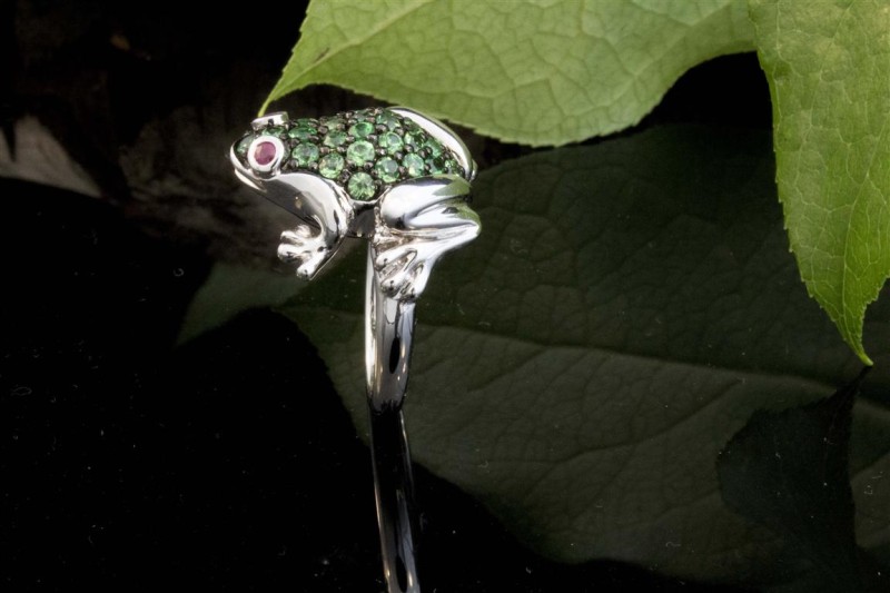 Tier Motiv Ring Frosch in 750er Weißgold mit Tsavorite und Rubin 