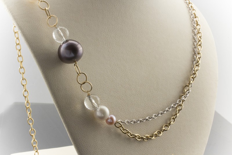 Perlen Collier Kette 94 cm Facettierte Quarzkugeln in 750er Gold Bicolor 