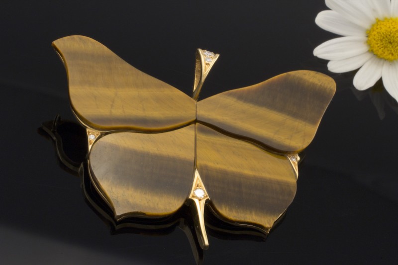 Schmetterling mit Tigerauge und Brillanten Brosche Nadel in Gelbgold 750 