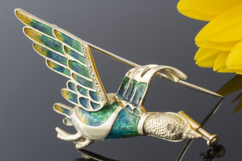 Brosche Große Flugente mit Emaille grün & Brillanten in Gelbgold 585 