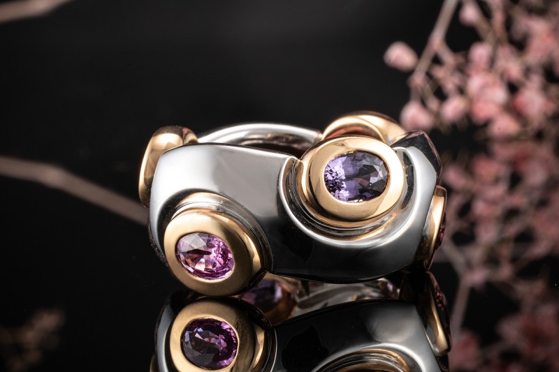 Odenwald Ring Tango Arbeit mit Saphiren Rot Pink 750er Roségold Weißgold 