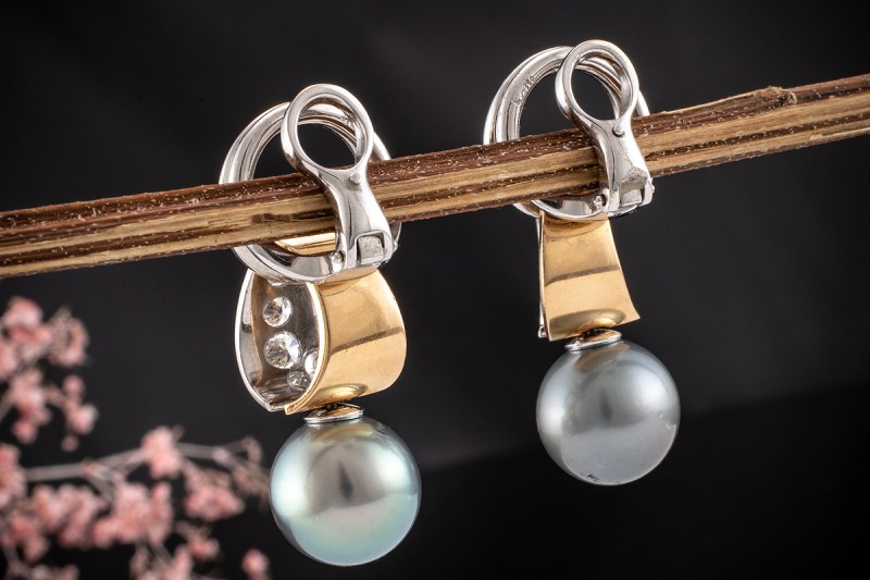 Massive Tahiti Ohrclips Perlenohrringe mit Brillanten 750er Gold Bicolor 