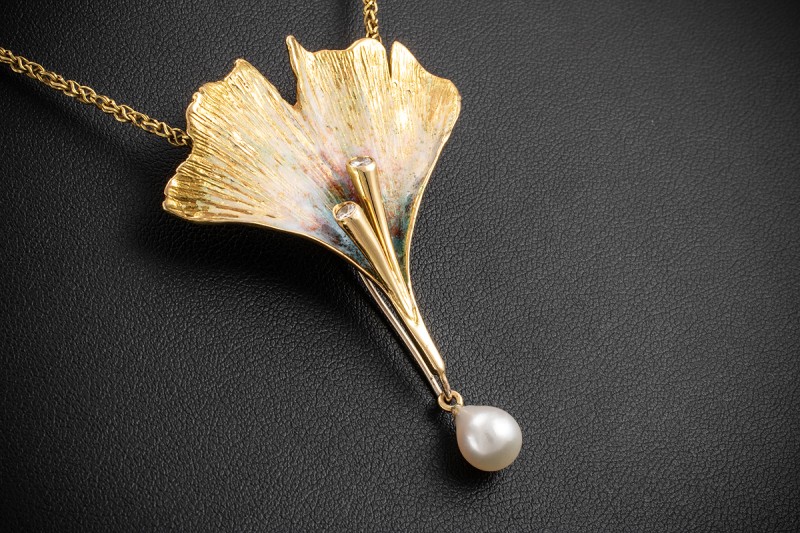 Ehinger Schwarz Collier Broschen 2 Anhänger Ohrringe Perle Emaille Gold 