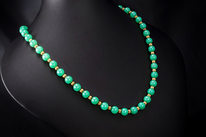 Collier Kette Chrysopras Kugeln 89 cm Schimmerndes Grün mit Gelbgold 750 