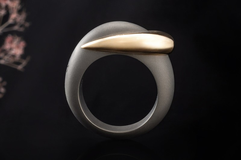 Pomellato Ring Titanio Graue Titan Arbeit Schwung in 750er Gold Größe 53 
