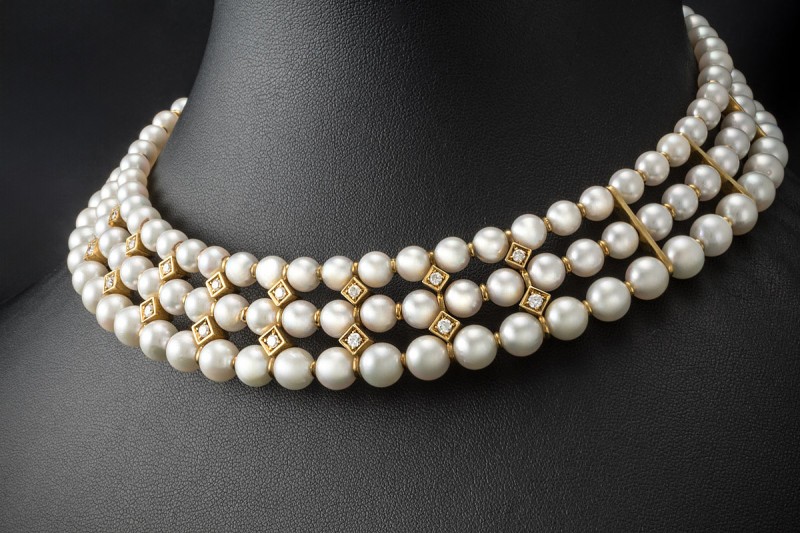 Kropfband Choker Akoya Perlen Diamanten Halsband in Gelbgold 750 Arbeit 