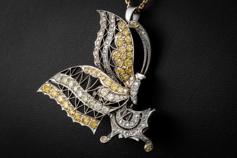 Schmetterling Brosche Anhänger Diamanten Gelb und Weiß in 750er Weißgold 