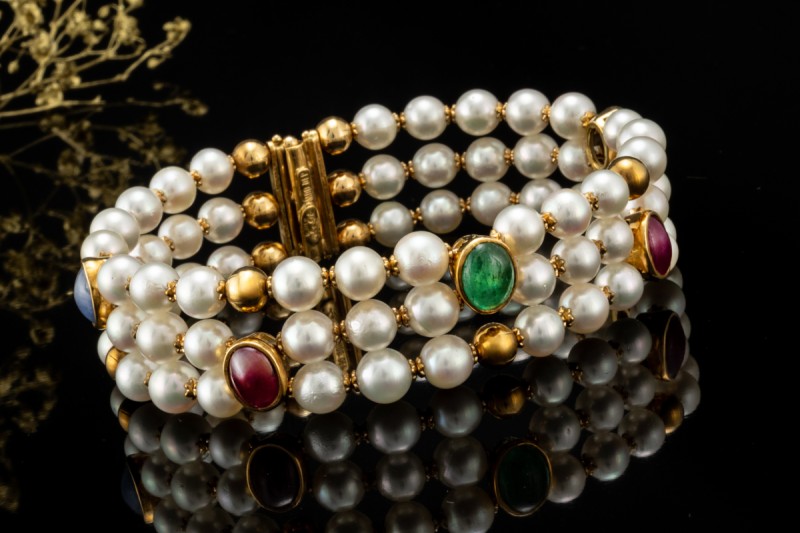 Vintage Perlenarmband Armreif Smaragd Rubin Saphir Cabochon Gelbgold 750 