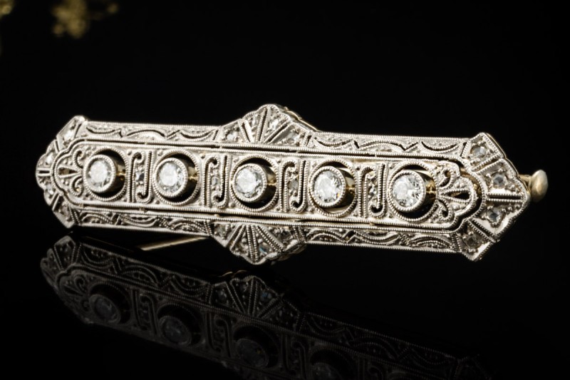 Lange Art Déco Brosche Nadel Diamanten Goldschmiedearbeit Weißgold Gold 