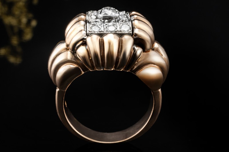 Antiker Ring im Vintage Design mit Diamanten im Altschliff in Roségold 