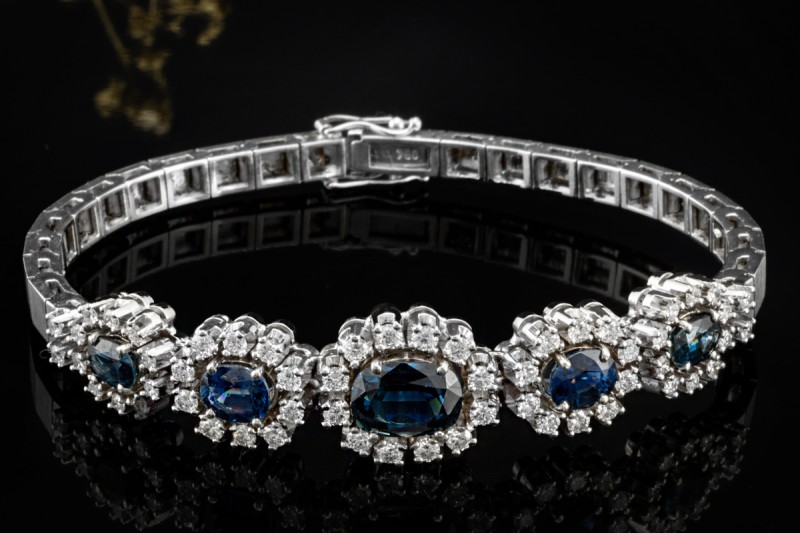 Vintage Saphir Armband Klassisch mit Diamanten mattiert in Weißgold 750 