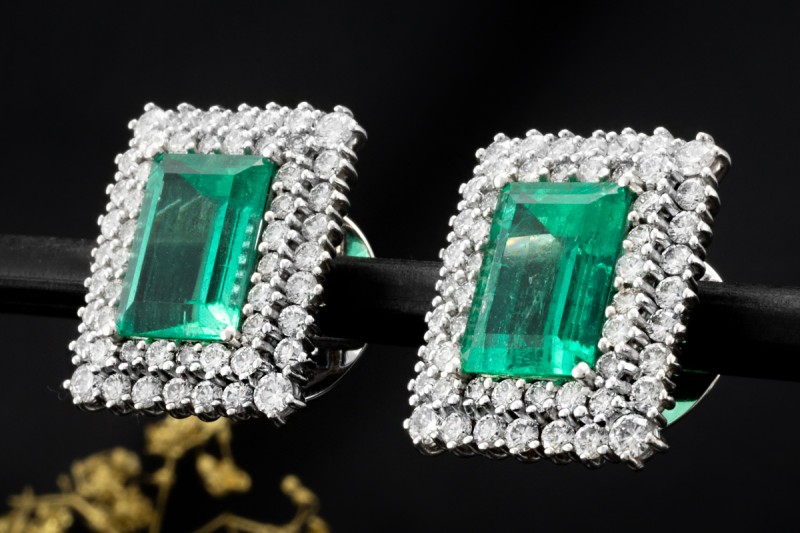 Große Smaragd Ohrringe rechteckig mit Diamanten Weißgold 750 Handarbeit 