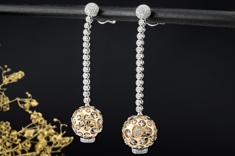 Ohrhänger Ohrstecker Kugeln beweglich mit Diamanten Gold Bicolor 750 