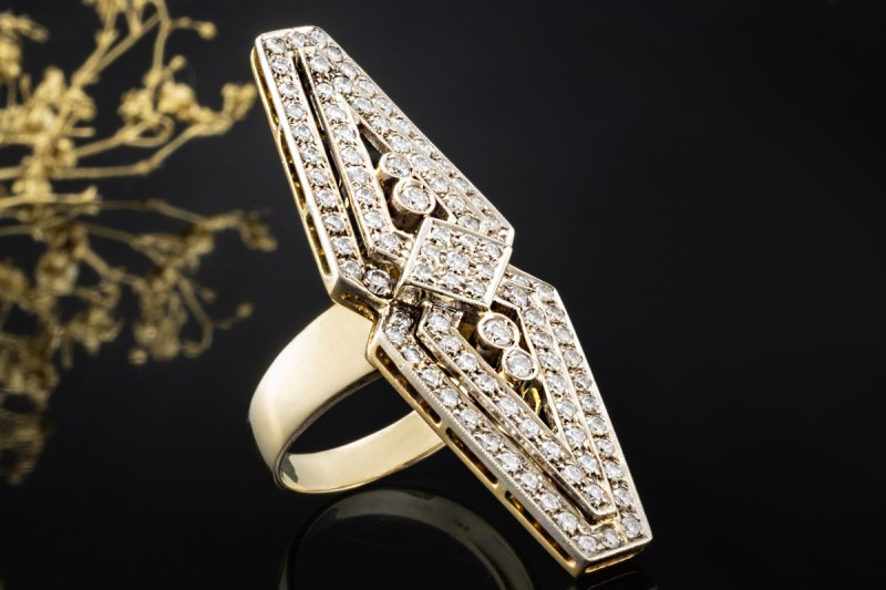 Langer Art déco Ring mit Diamanten Goldschmiedearbeit Gelbgold Weißgold 