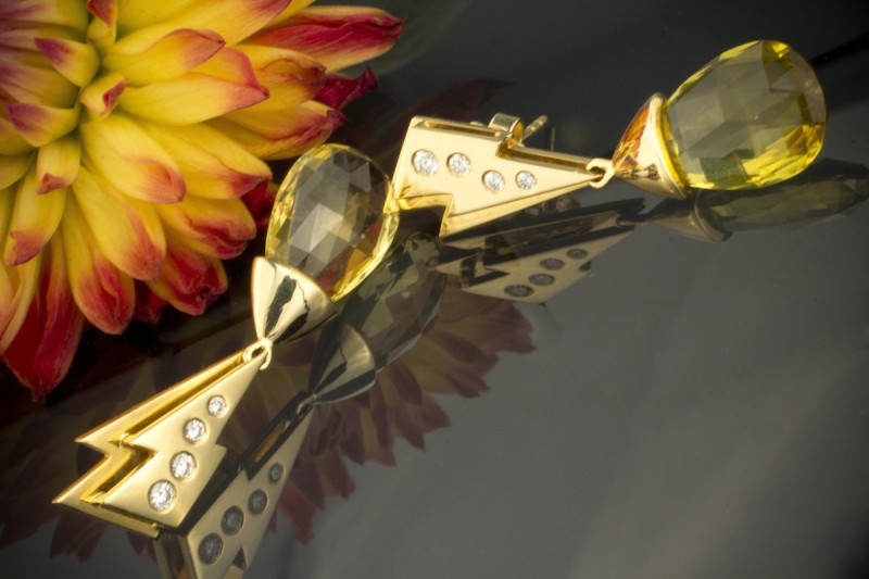 BLITZ Designer Ohrstecker Ohrringe mit Beryll & Brillanten in 750er Gelbgold 