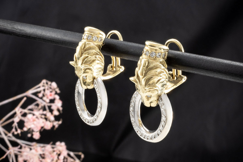 Ohrringe Panther Motiv mit Diamanten Brillanten in Gelbgold Weißgold 585 