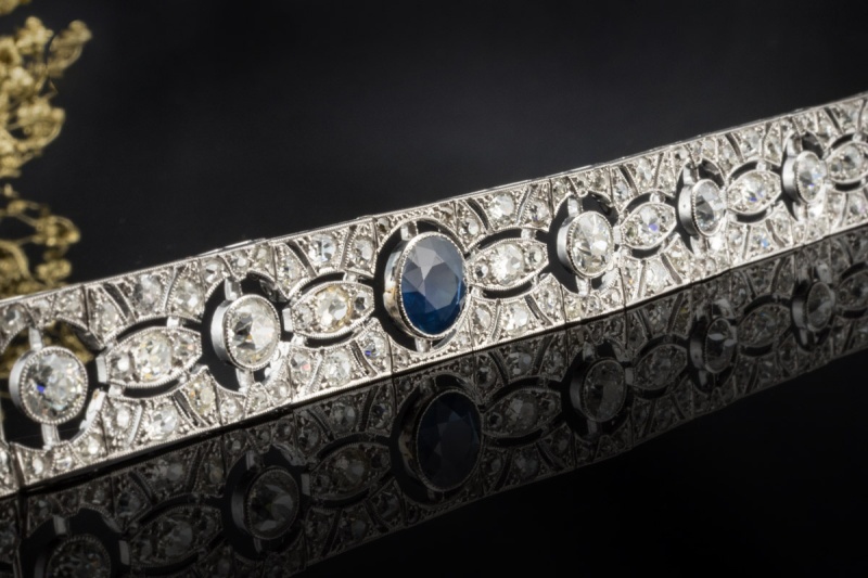 Antikes Art Déco Armband mit Saphir und Altschliff Diamanten Platin 950 