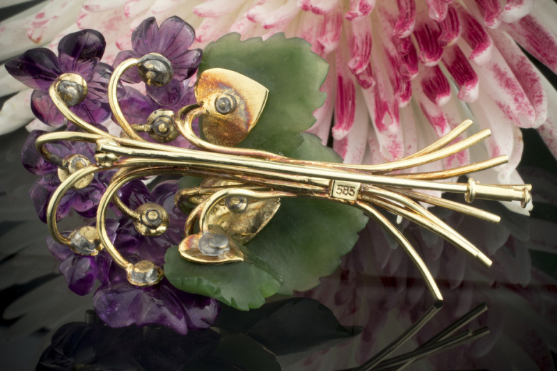 Alte Brosche / Nadel BLUME mit Amethyst & Diamanten beweglich 585er Gelbgold  