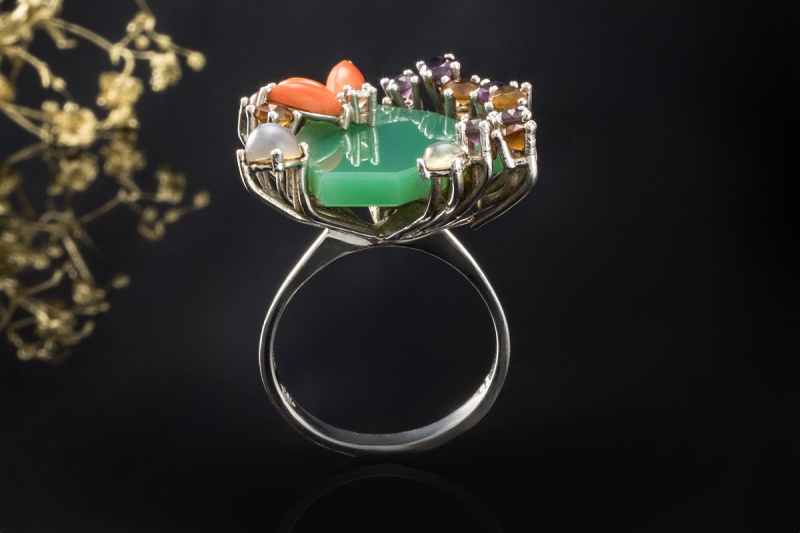 Chrysopras Ring Diamant Koralle Amethyst Citrin Mondstein 750er Weißgold 