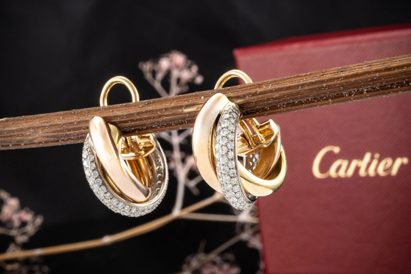 Cartier Trinity Ohrringe mit 71 Diamanten in 750er Gold Tricolor OVP 