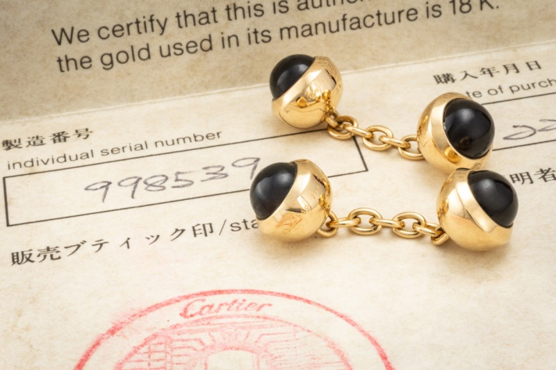 Cartier Manschettenknöpfe mit Onyx Kugeln Schwarz Gelbgold 750 Full Set 