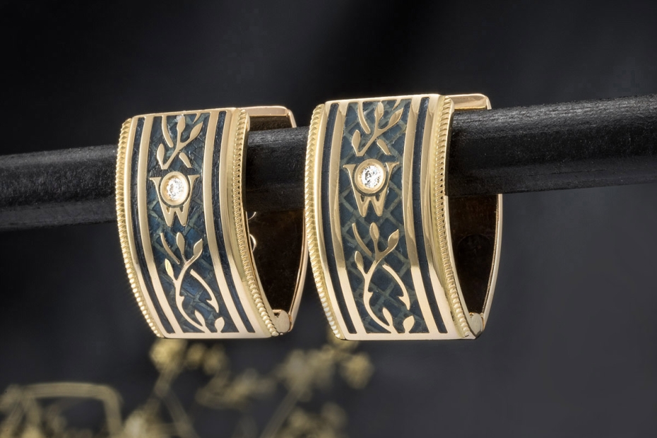 Wellendorff Vintage Ohrringe Creolen Blau Grau Diamanten in Gelbgold 750 