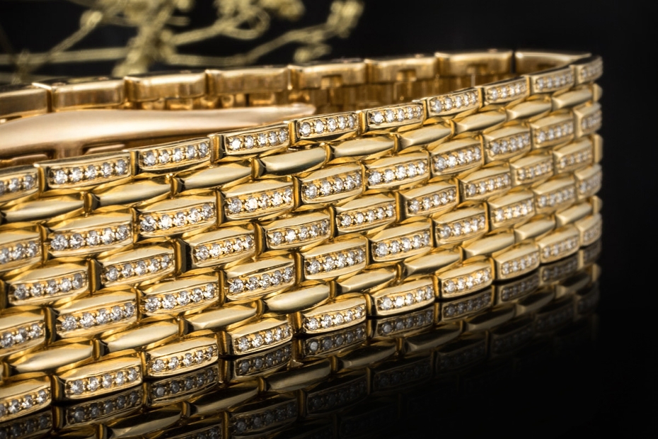 Massives Armband Breites Gliederarmband mit Diamanten in 750er Gelbgold 
