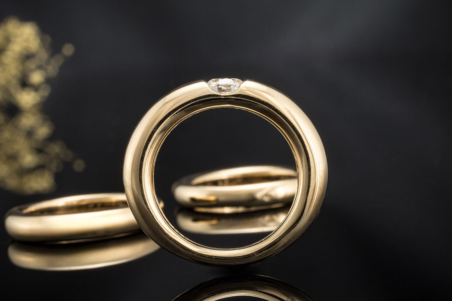 Cartier Ellipse 3 Ringe Solitär Diamant Bandring gestapelt Gelbgold 750 