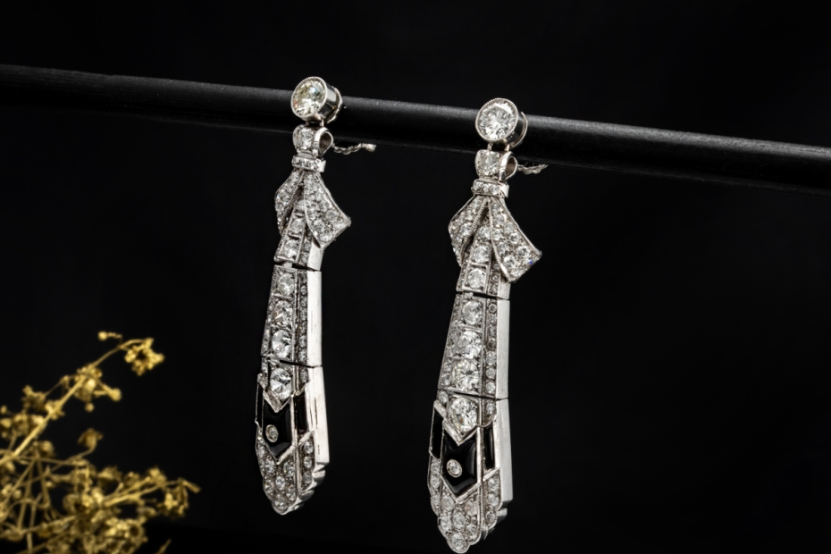 Vintage Art déco Ohrringe Ohrhänger mit Diamanten und Onyx Platin 950 
