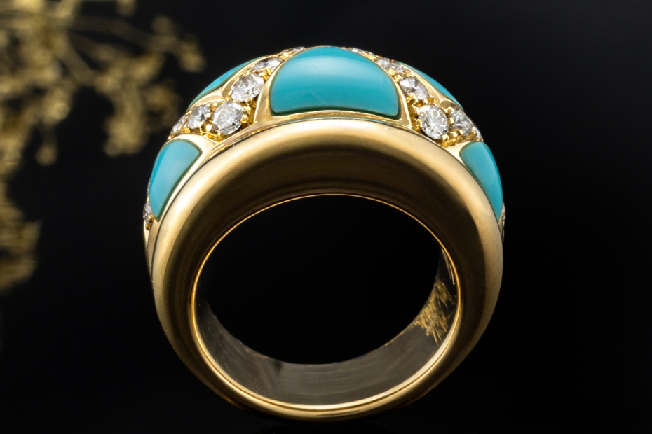 Cocktailring Ring mit Türkis dreieckig mit Diamanten in 750er Gelbgold 