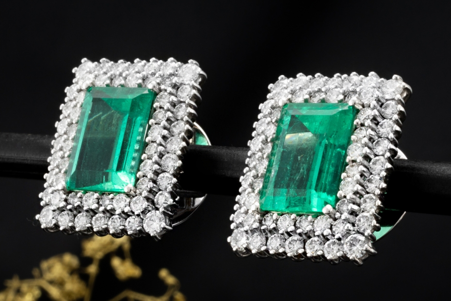 Große Smaragd Ohrringe rechteckig mit Diamanten Weißgold 750 Handarbeit 