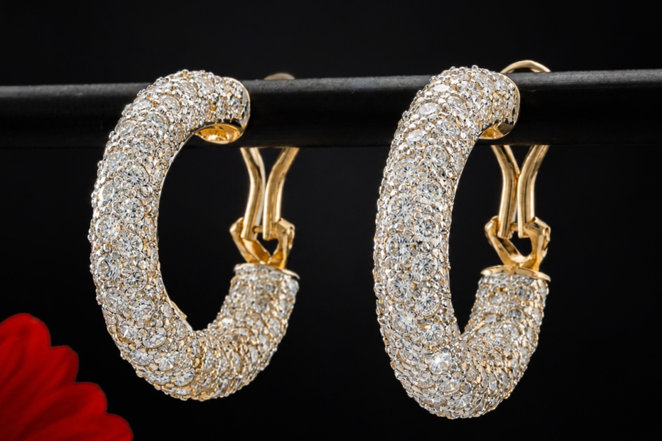 Luxuriöse Creolen Ohrstecker mit Clips und Diamanten in 750er Gelbgold 