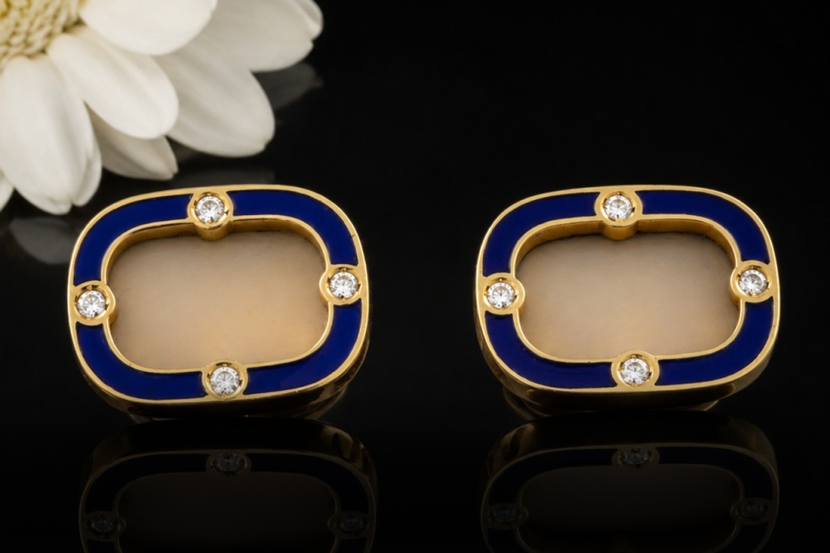 Luxus Manschettenknöpfe Blaue Emaille Diamanten Gelbgold 750 Handarbeit 