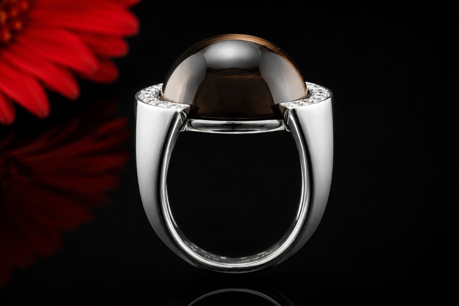 Cartier Vintage Ring mit Rauchquarz Cabochon und Diamanten Weißgold 750 