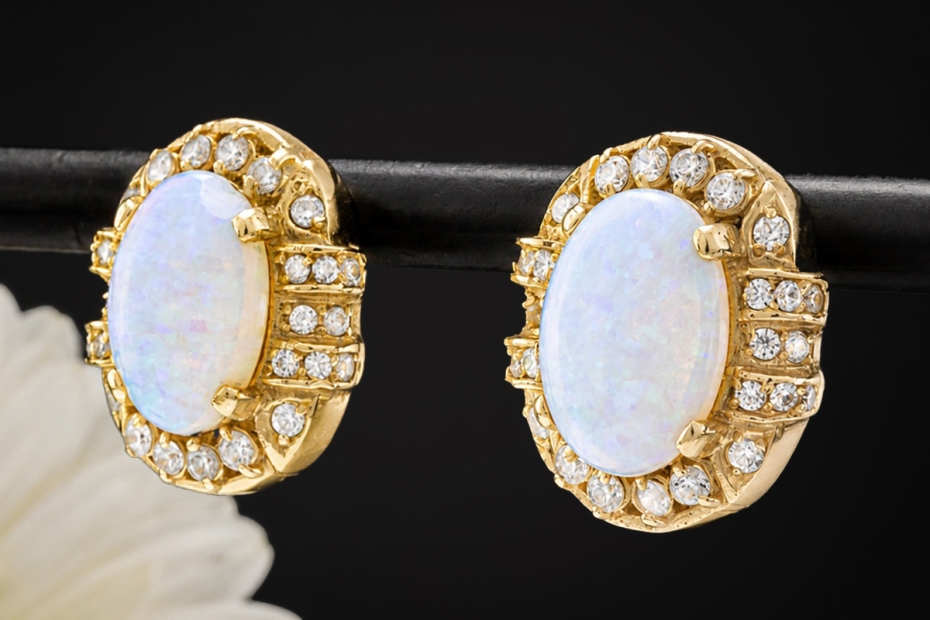 Vintage Opal Ohrringe Ohrclips mit Stecker Oval mit Diamanten Gelbgold 