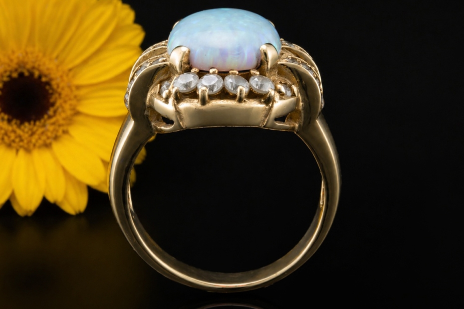 Vintage Opal Ring Oval mit Diamanten gefertigt in 585er Gelbgold 