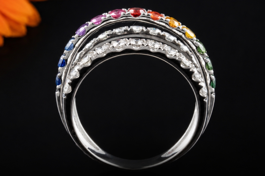 Regenbogen Ring Offenes Design Bunte Saphire und Diamanten Weißgold 750 