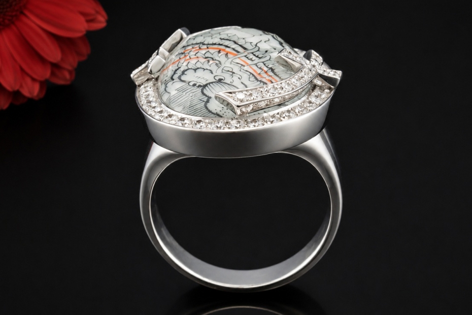 Meissen Ring Mystery Ming Drache Bemaltes Porzellan Weißgold Handarbeit 