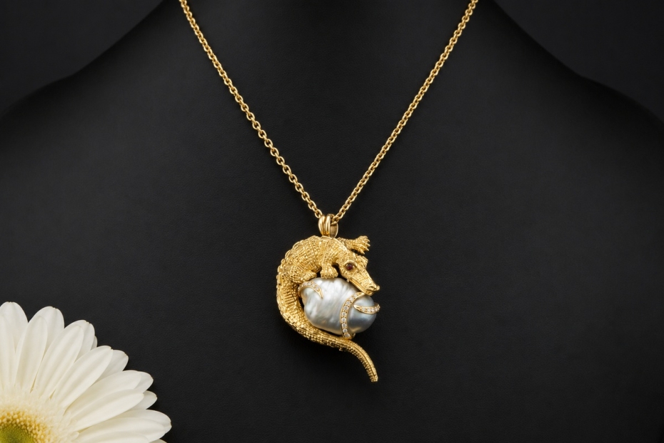 Anhänger Brosche Krokodil Barockperle und Diamanten Gelbgold Handarbeit 