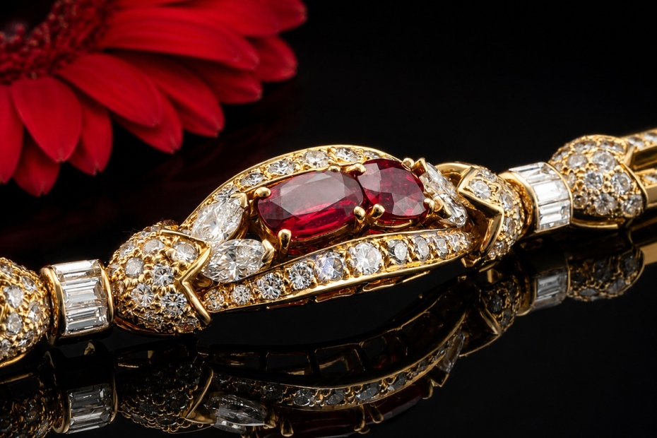 Cartier Paris Vintage Schmuckset Collier Armband Rubin Diamant Gelbgold 