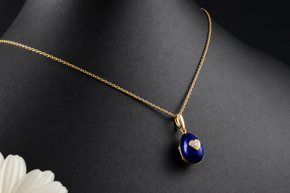 Fabergé Anhänger Gold Ei-Medaillon Herz Versteck Diamanten Emaille Blau 